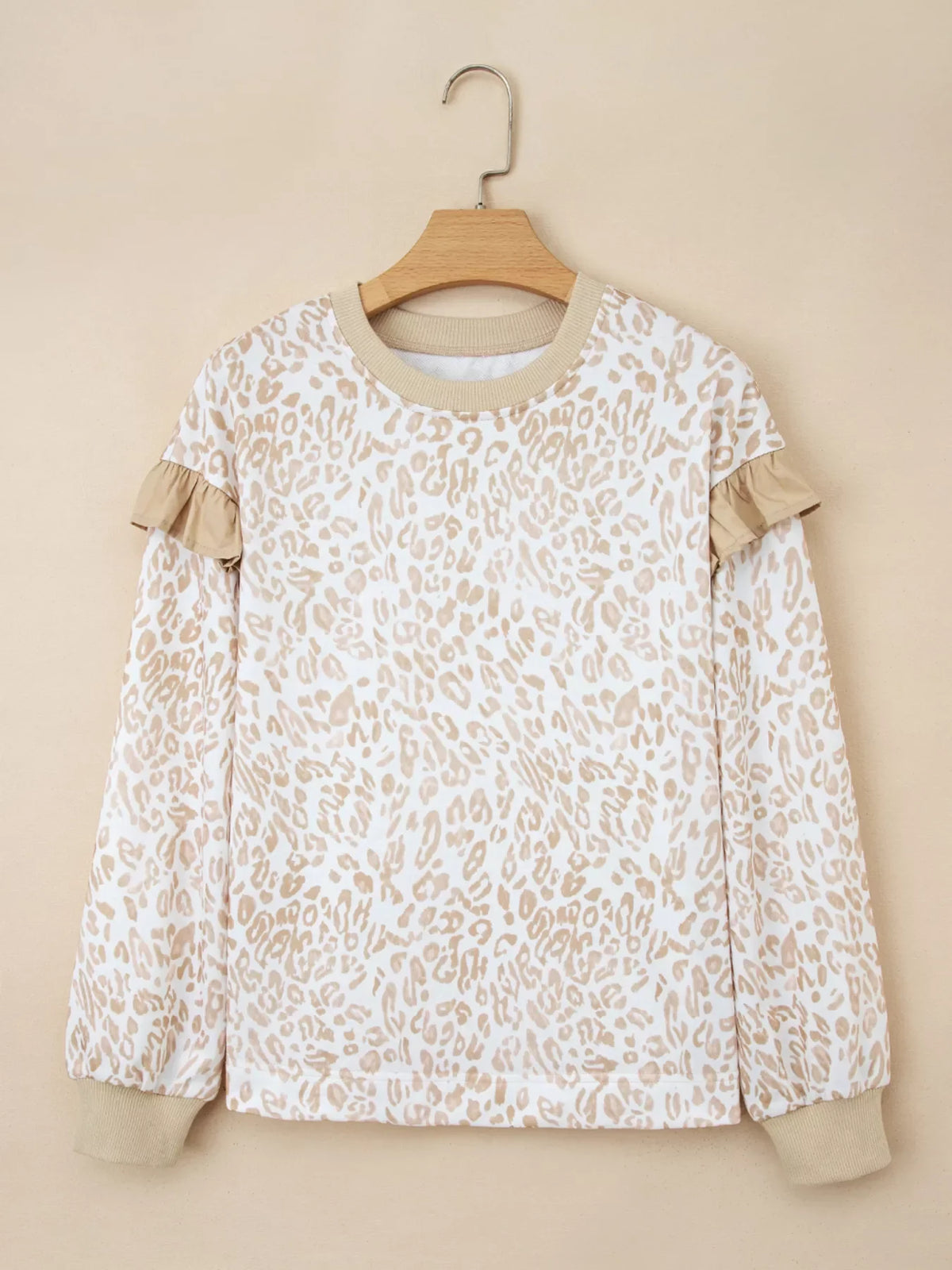 Leopard Ruffle Detail Ribbed Trim Round Neck Sweatshirt