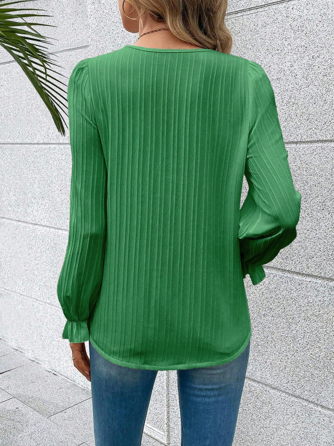 V-Neck Lace Detail Flounce Sleeve Blouse - Ladyez