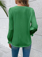 V-Neck Lace Detail Flounce Sleeve Blouse - Ladyez