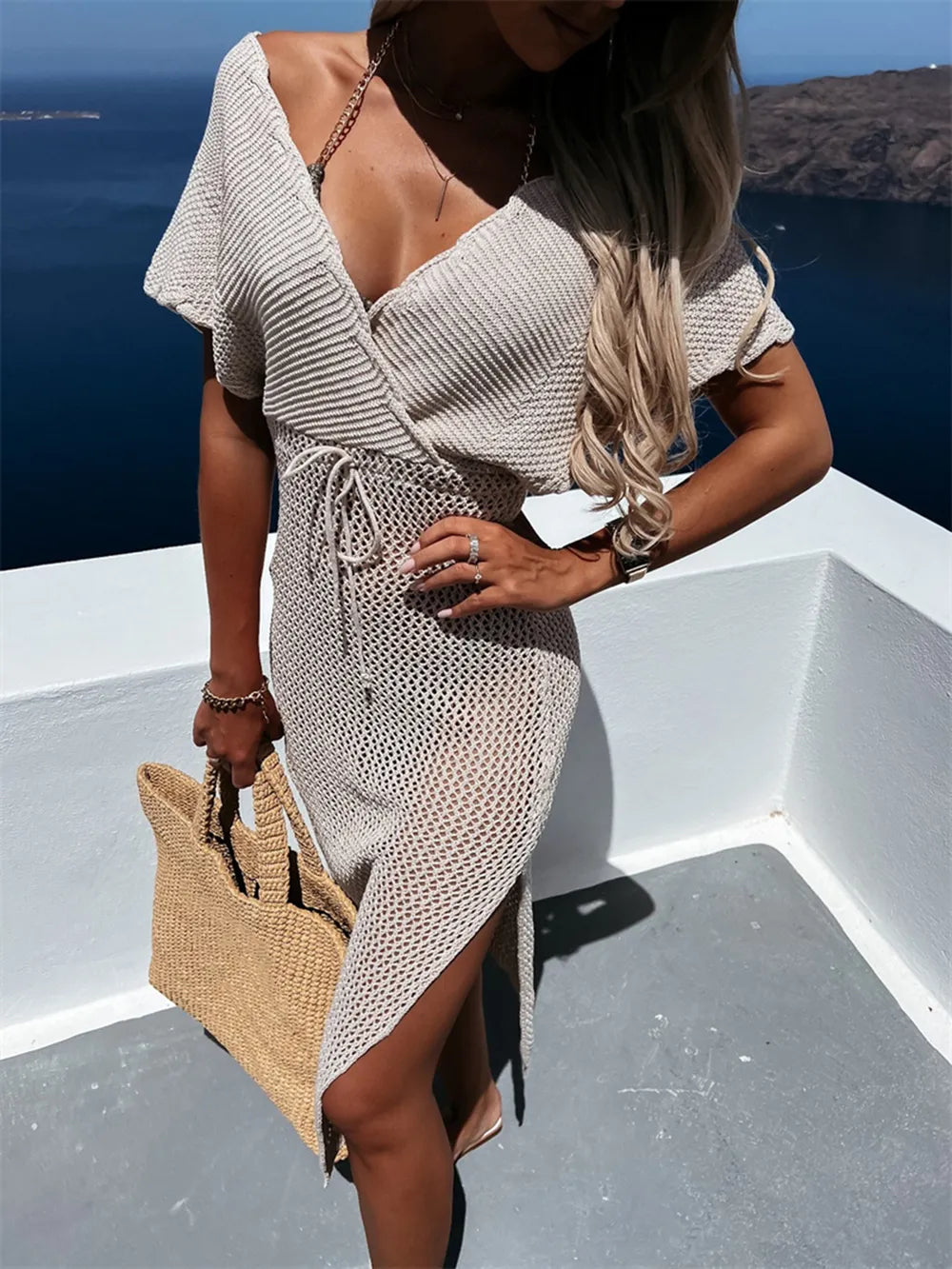 Slit Surplice Cap Sleeve Cover Up - Ladyez
