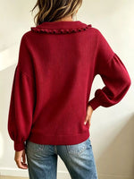 Full Size Ruffle Collar Button Detail Sweater Plus Size