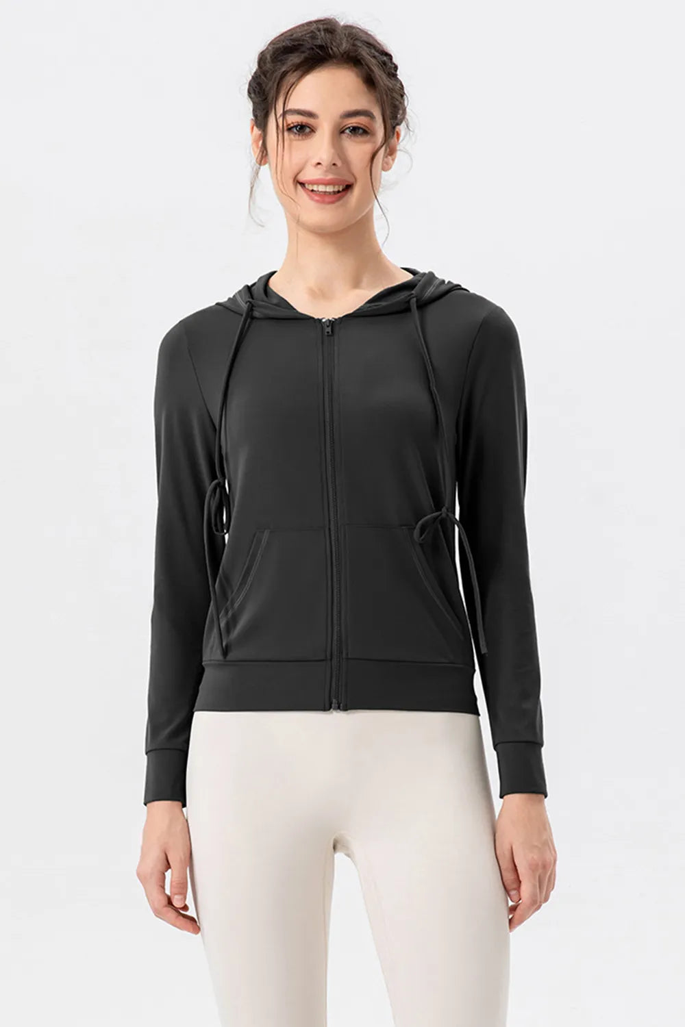 Drawstring Zip Up Hooded Active Outerwear - Ladyez