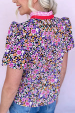 Ditsy Floral Print Plaid Colorblock Trim V Neck Blouse