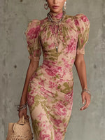 Floral Print High-Neck Puff Sleeve Ruffle Hem Maxi Dress