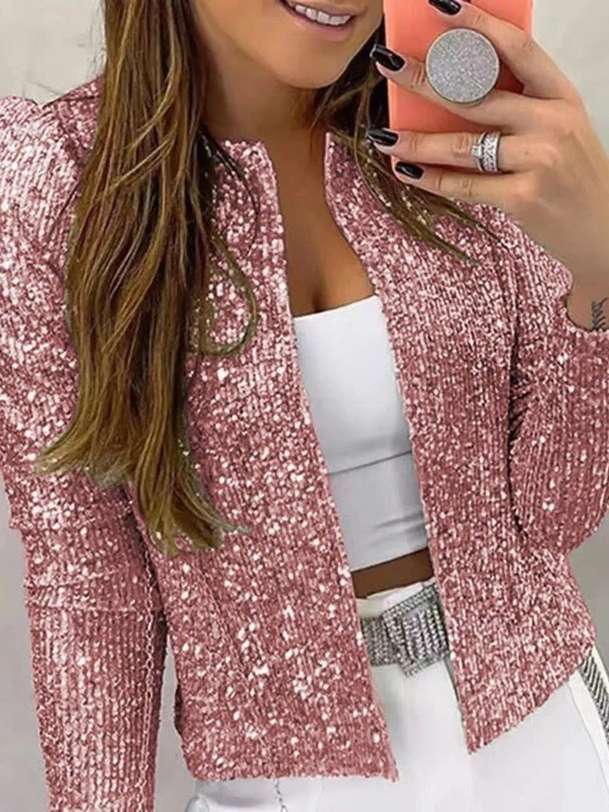 Full Size Sequin Long Sleeve Jacket Plus Size