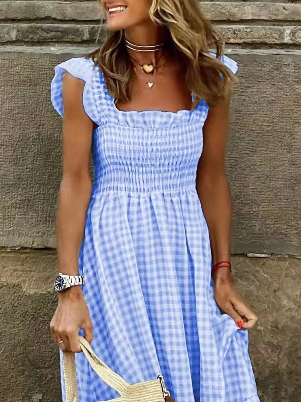 Smocked Gingham Maxi Dress with Ruffle Straps - Ladyez