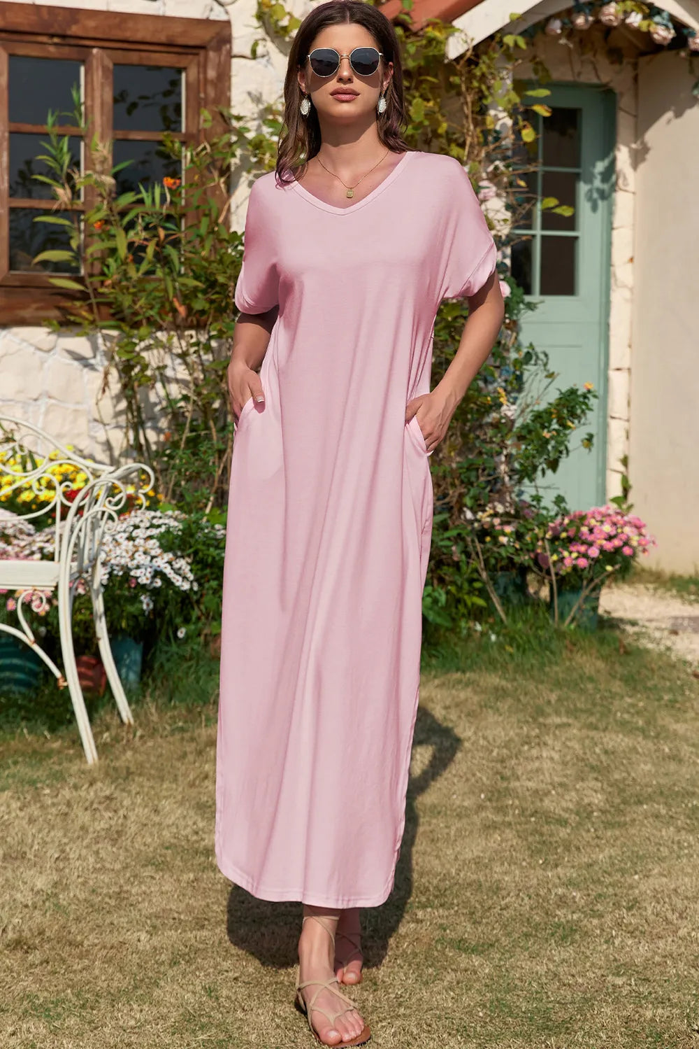 Slit Pocketed V-Neck Short Sleeve Dress - Ladyez