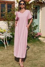 Slit Pocketed V-Neck Short Sleeve Dress - Ladyez