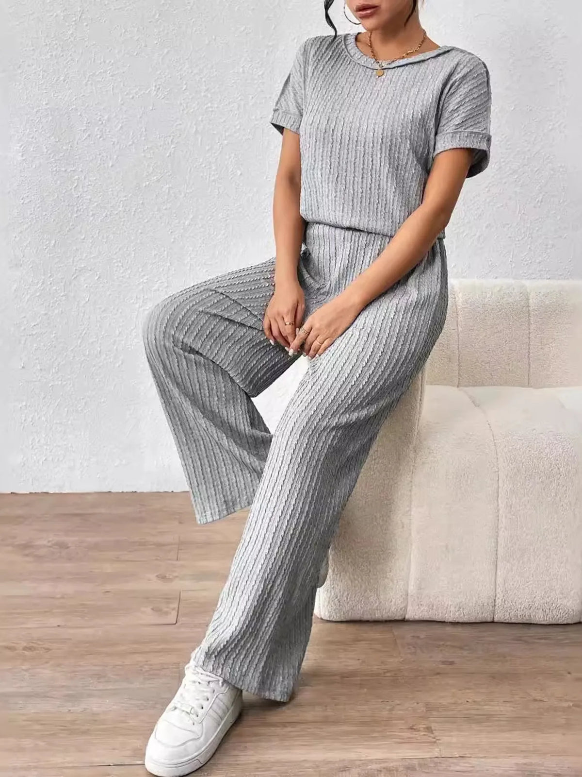Round Neck Short Sleeve Top and Pants Set