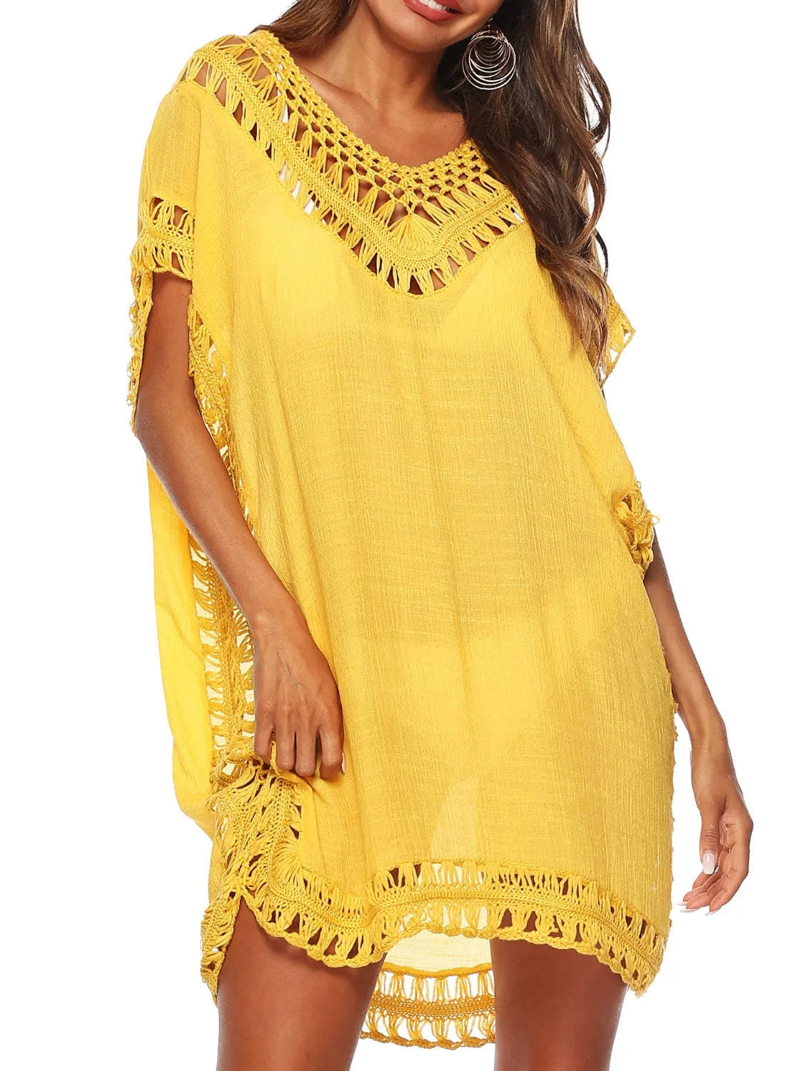 Bohemian Crochet Trim Beach Cover Up Dress - Ladyez