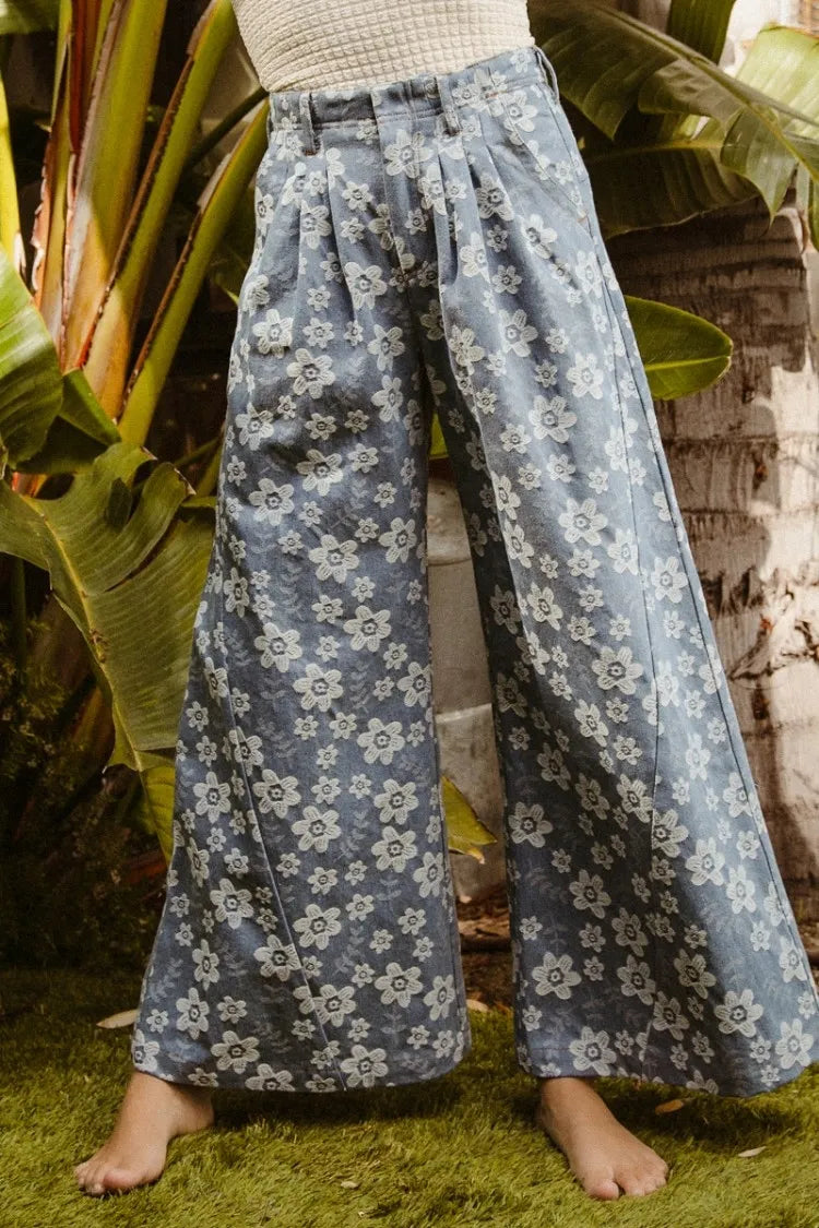 BiBi Floral Texture Wide Leg Jeans - Ladyez
