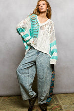 POL Color-Blocked Stripe Pattern Knit Top with Twisted Weave