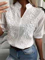 Embroidered Eyelet Notched Half Sleeve Blouse - Ladyez