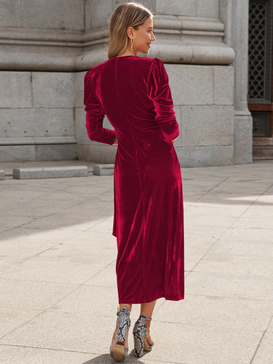 Surplice Puff Sleeve Midi Dress - Ladyez