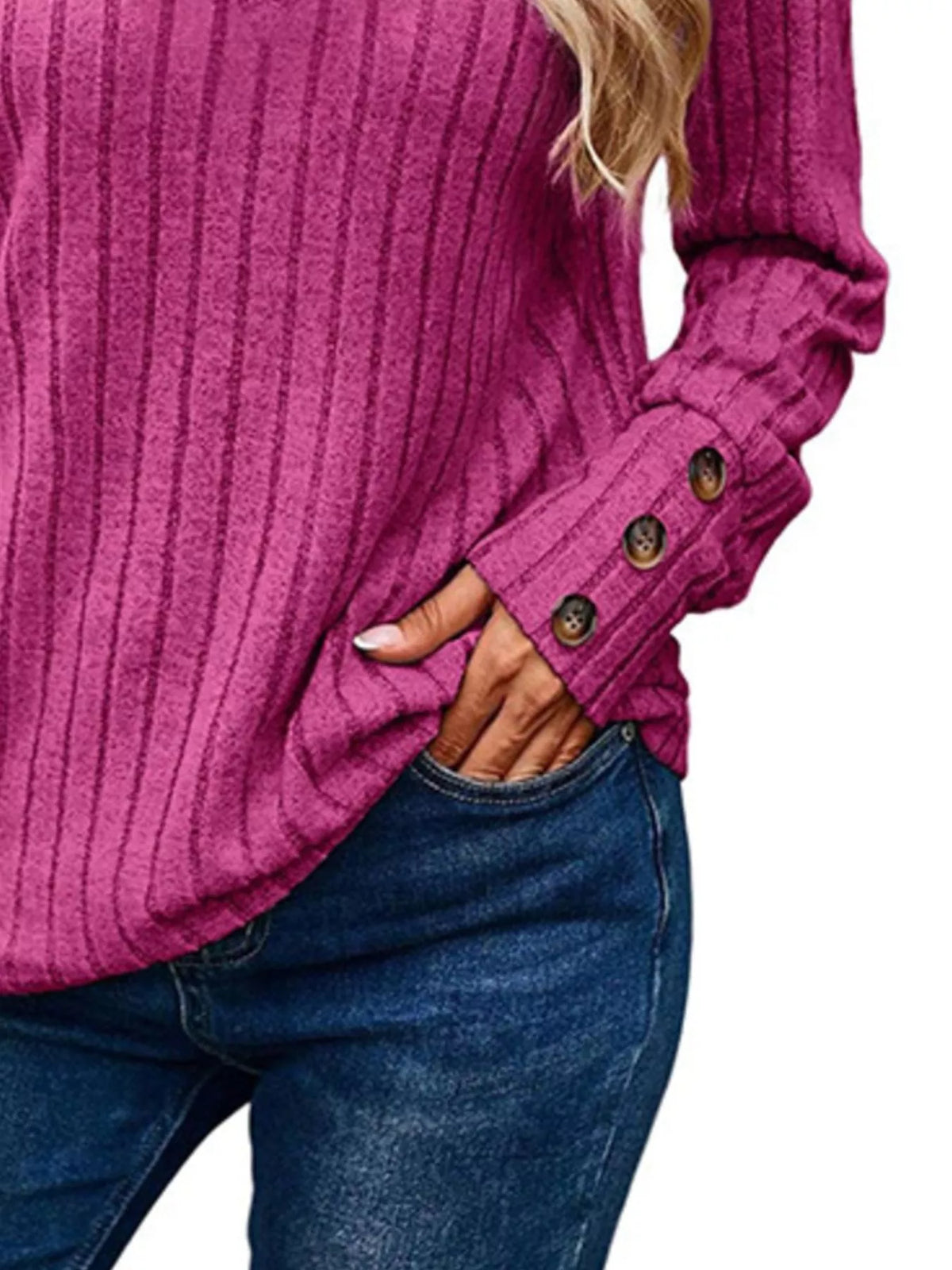 Ribbed V-Neck Long Sleeve Top