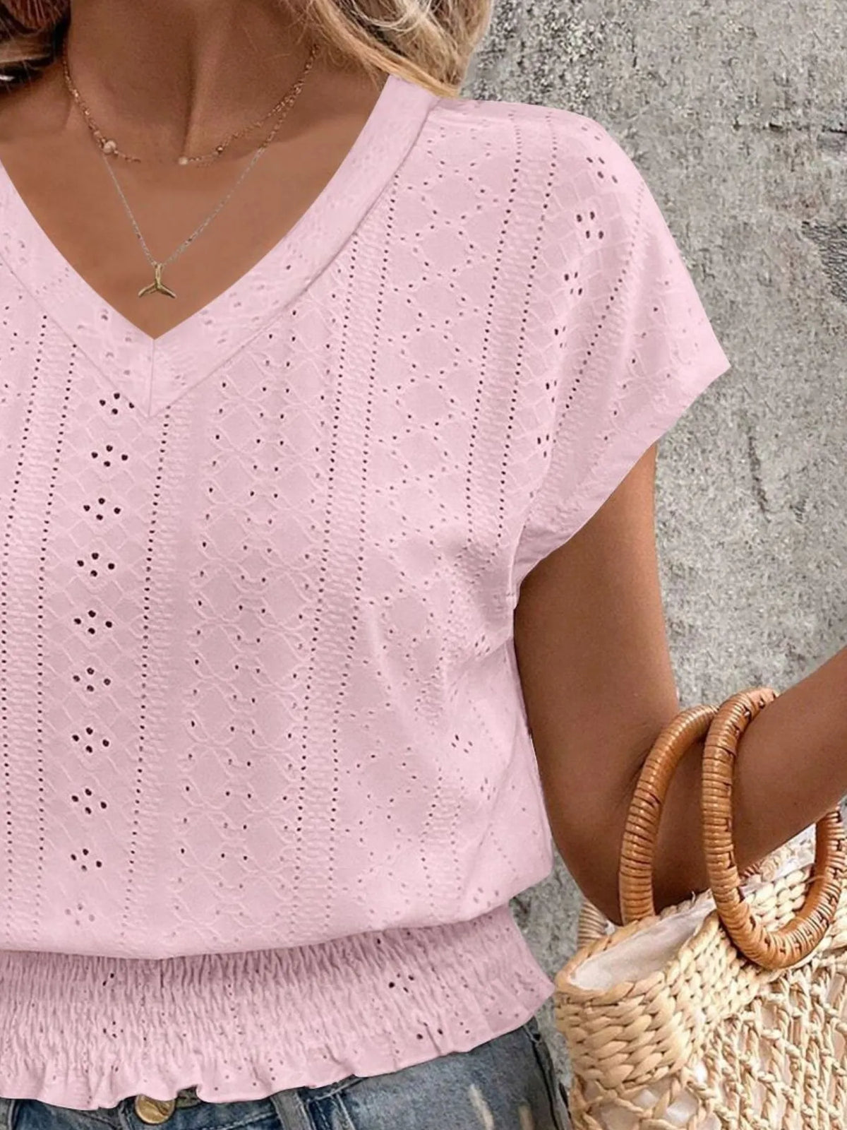 Eyelet V-Neck Short Sleeve Blouse - Ladyez