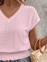 Eyelet V-Neck Short Sleeve Blouse - Ladyez
