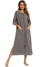 Zip Up Slit Round Neck Night Dress with Pockets - Ladyez