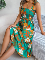Smocked Floral Tie Shoulder Midi Dress - Ladyez