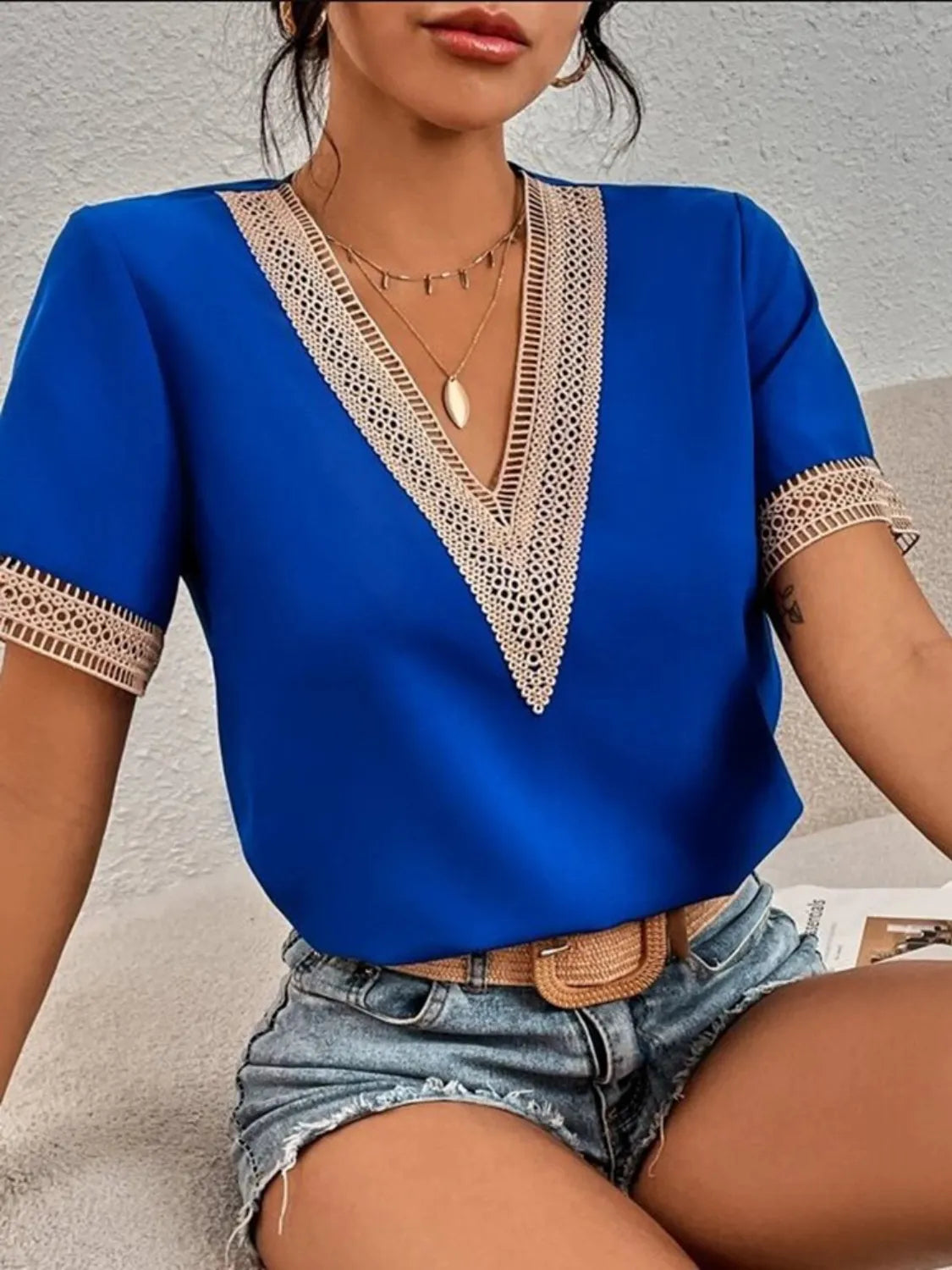 Full Size V-Neck Short Sleeve Blouse Plus Size
