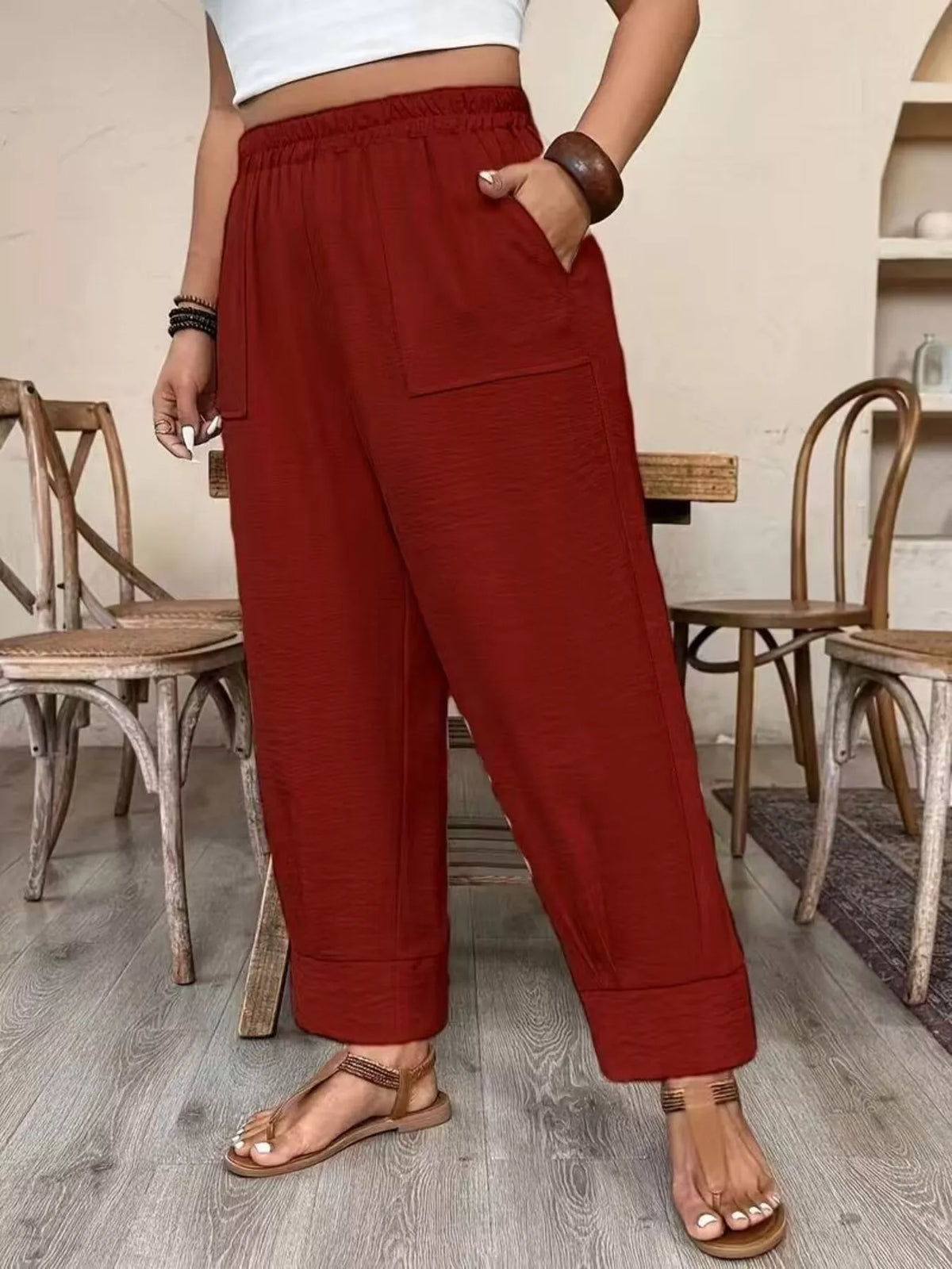 Plus Size High-Waisted Elastic Waist Pants with Pockets