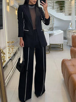 Contrast Trim Blazer & Wide Leg Pants Set