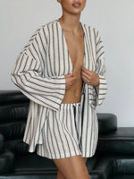 Striped Tie Front Top and Shorts Lounge Set