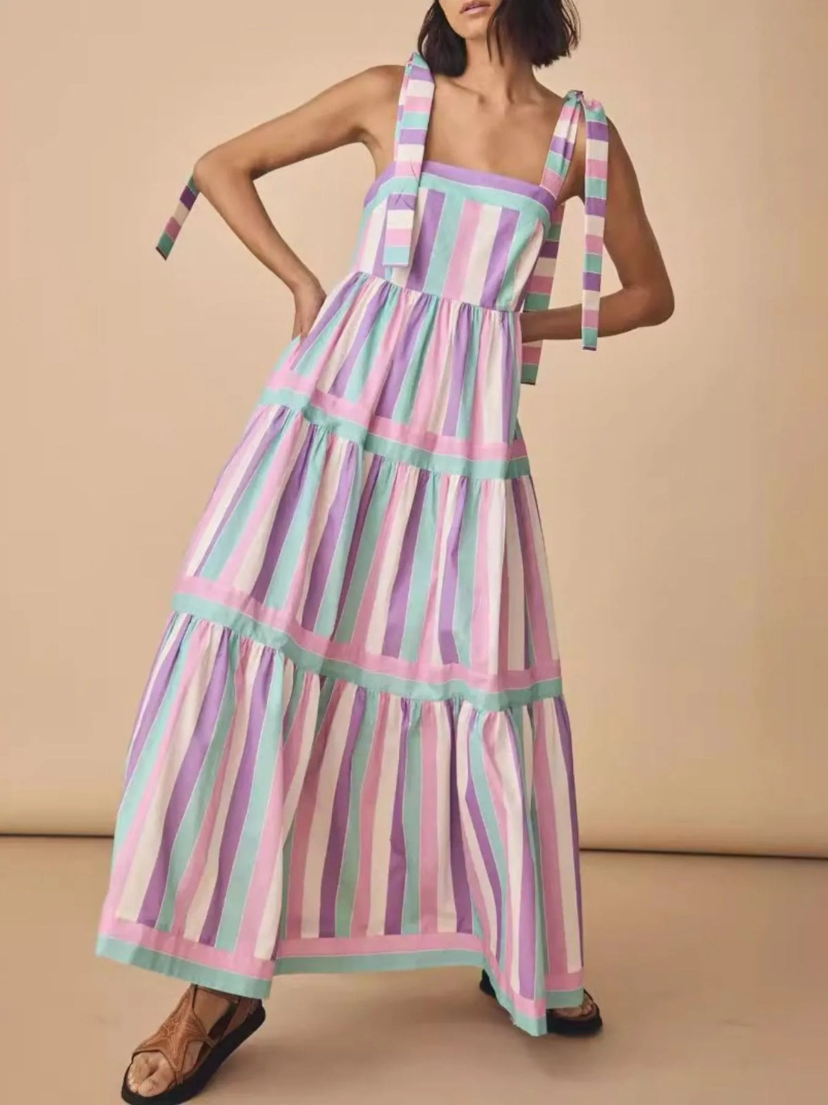 Striped Tiered Maxi Summer Dress with Bow Shoulder Ties - Ladyez