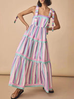 Striped Tiered Maxi Summer Dress with Bow Shoulder Ties - Ladyez