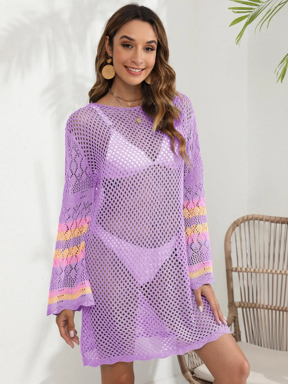 Openwork Contrast Long Sleeve Cover-Up - Ladyez