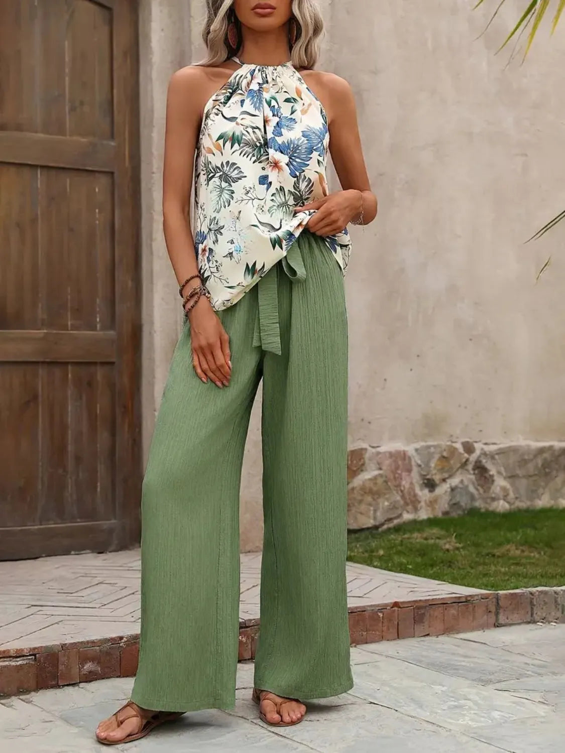 Printed Tank Top and Wide Leg Pants Set - Ladyez