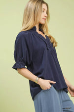 Umgee Linen Scalloped Ruffle Neck Blouse