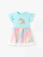 Children's Unicorn Graphic Rainbow Tulle Layered Dress