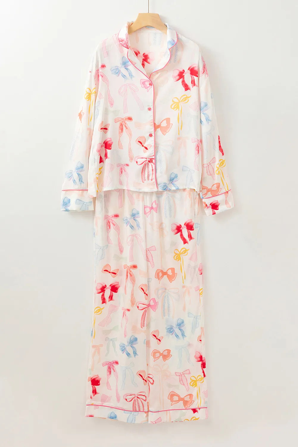 Bow Print Collared Neck Long Sleeve Top and Pants Lounge Set - Ladyez