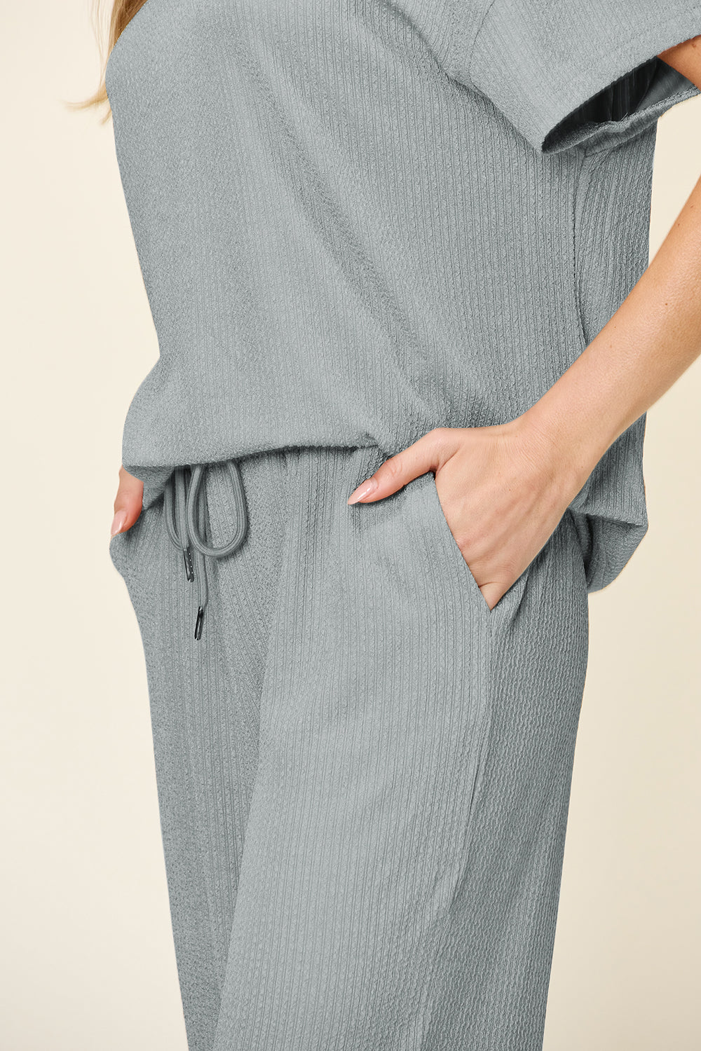 Double Take Full Size Texture Round Neck Short Sleeve T-Shirt and Wide Leg Pants - Ladyez