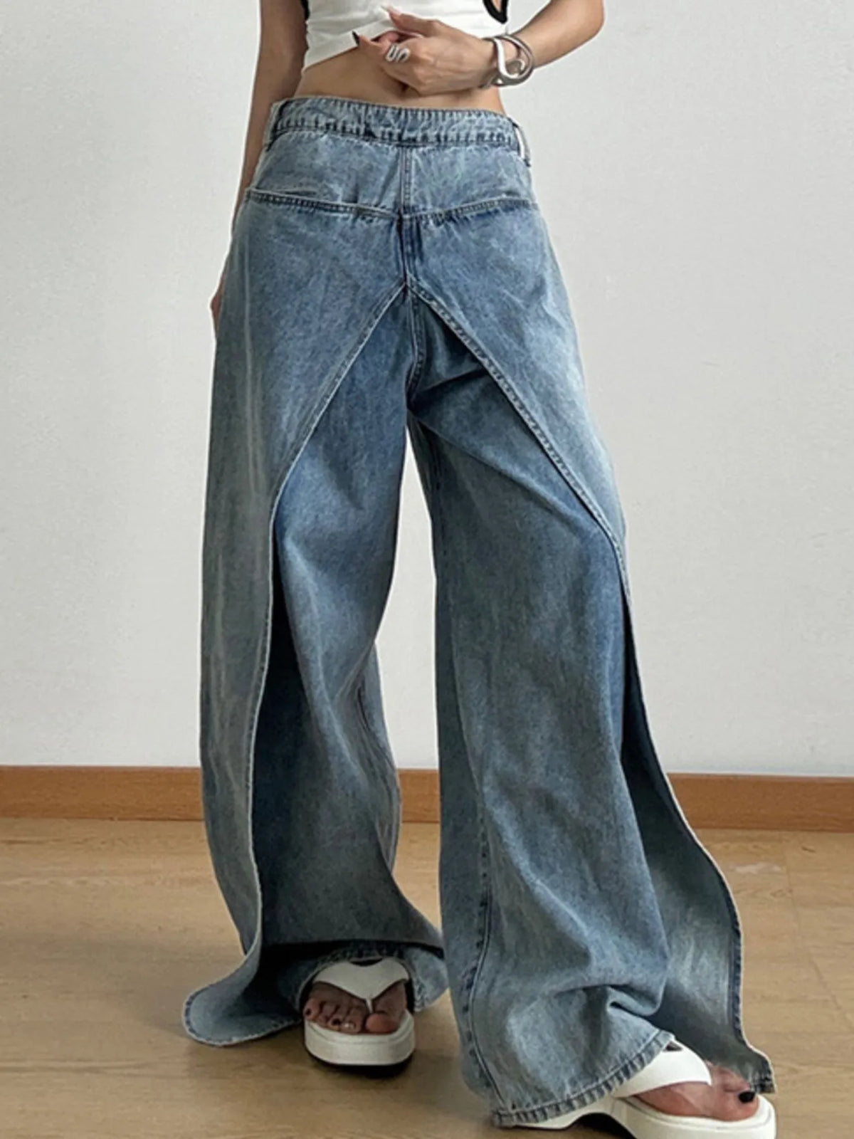 Wide Leg Wash Patchwork Jeans - Ladyez