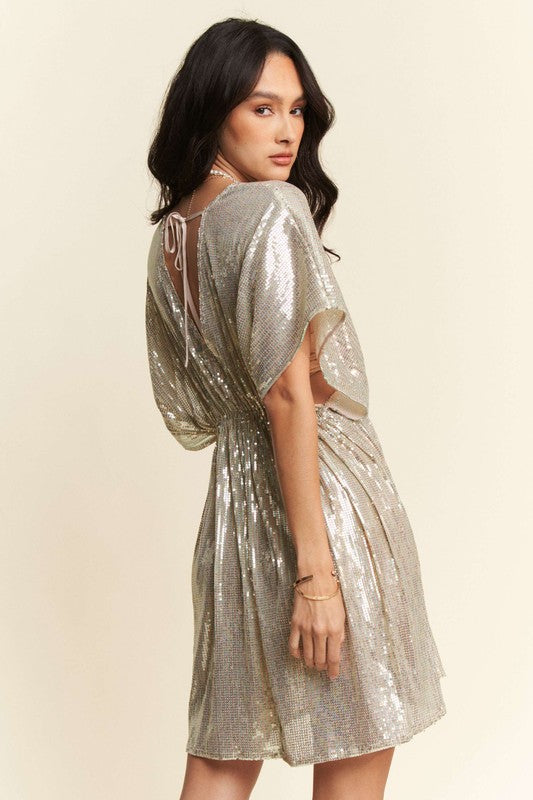 Davi & Dani Sequin Plunge Neck Knot Cut Out Tie Back Party Dress - Ladyez