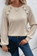 Ribbed Decorative Button Round Neck Top with Lace Detail