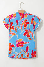 Floral Print Notched Pompom Trim Flutter Sleeve Blouse