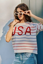 SO ME Usa Stripe Knit Short Sleeves Sweater Top