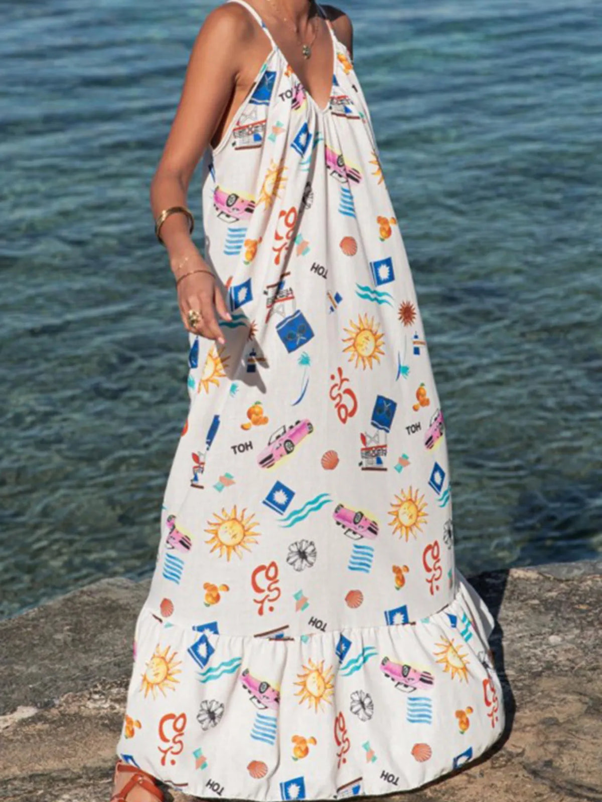 Printed V-neck Summer Maxi Dress - Ladyez