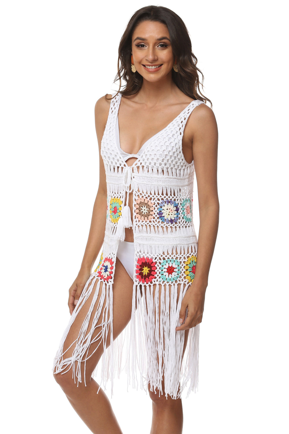Openwork Fringe Detail Embroidery Sleeveless Cover-Up - Ladyez