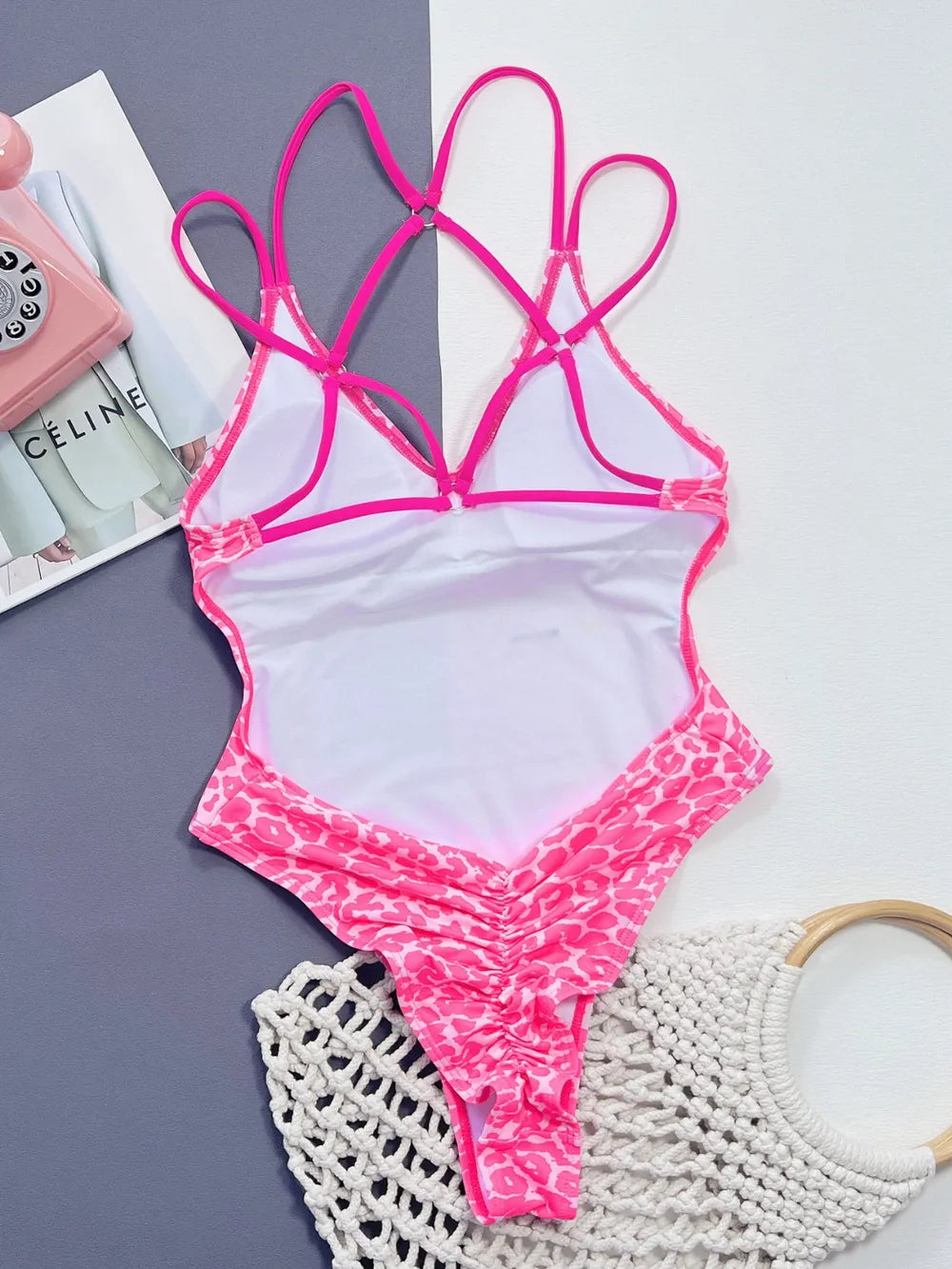 Leopard Plunge Spaghetti Strap One-Piece Swimwear - Ladyez