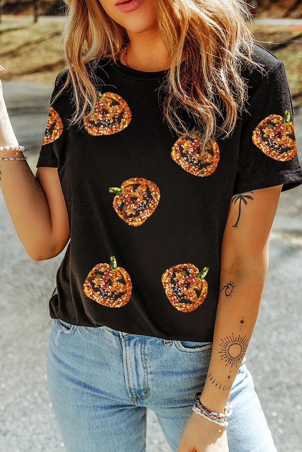 Sequin Pumpkin Round Neck Short Sleeve T-Shirt - Ladyez