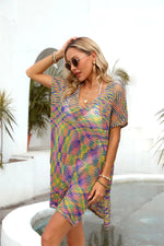 Angel Wings Openwork Contrast Short Sleeve Cover-Up - Ladyez