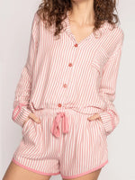 Striped Collared Neck Long Sleeve Top and Shorts Lounge Set - Ladyez