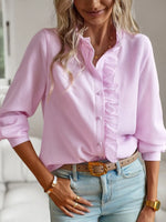 Striped Ruffle Detail Button-Up Blouse - Ladyez