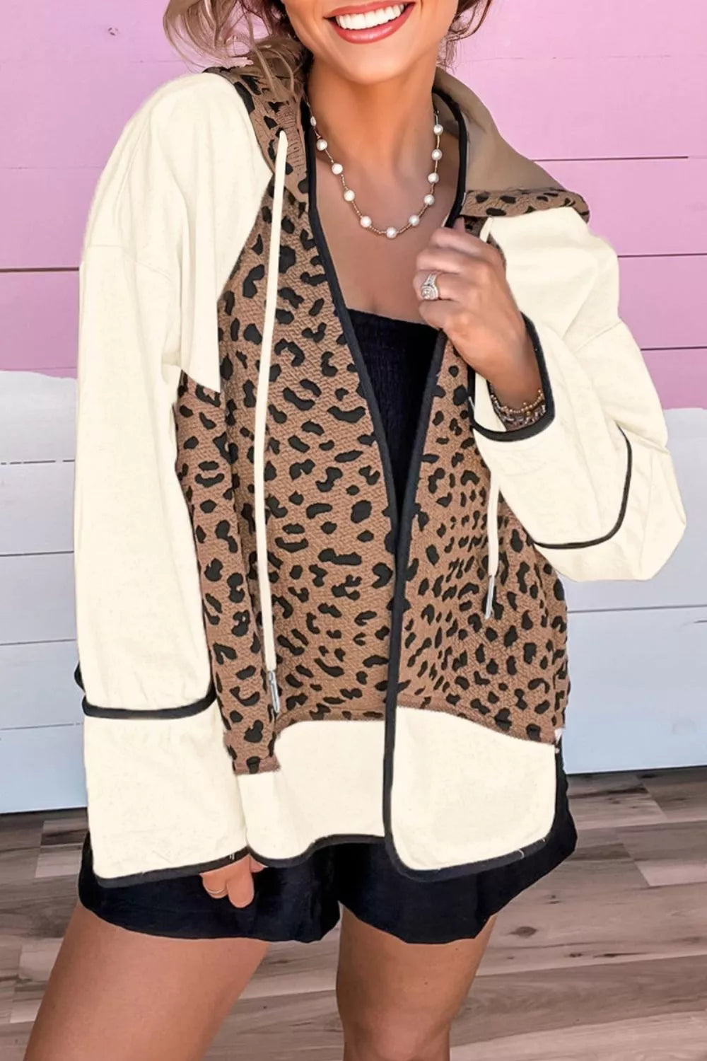 Drawstring Leopard Long Sleeve Hooded Jacket