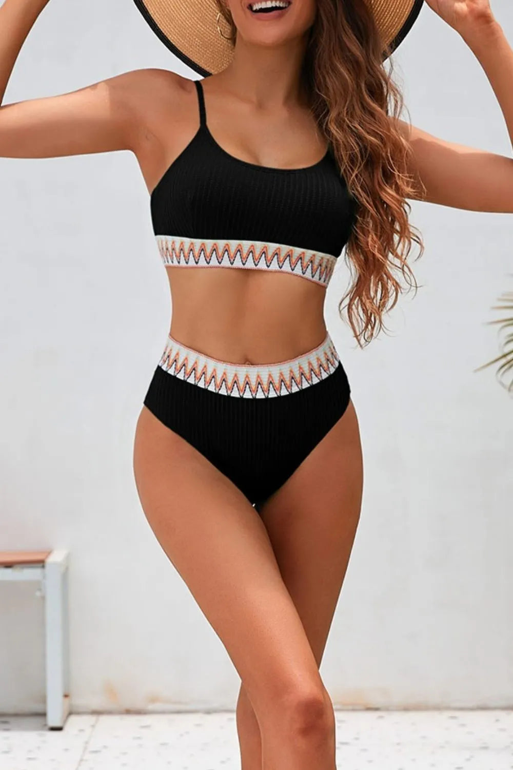 Textured Contrast Banding Bikini High Waist 2pcs Swimsuit - Ladyez