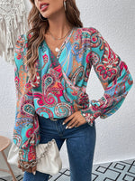 Printed Surplice Smocked Lantern Sleeve Blouse - Ladyez